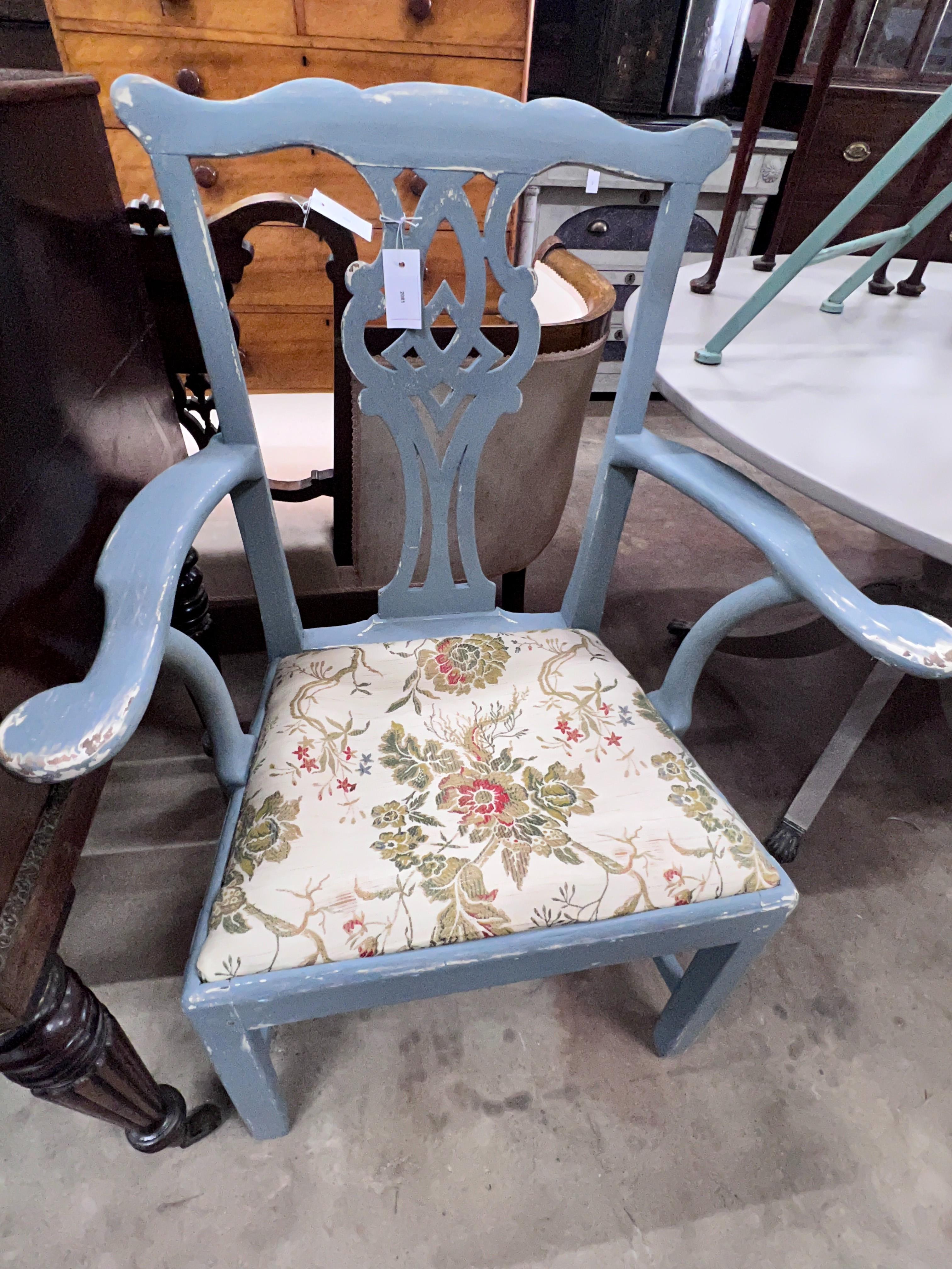 A George III elbow chair, later painted, width 63cm, depth 46cm, height 99cm